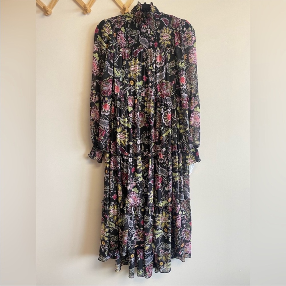 Cinq a Sept Paisley Long High-Low MAXI Dress Black Floral Mock Neck 14 - Picture 4 of 7